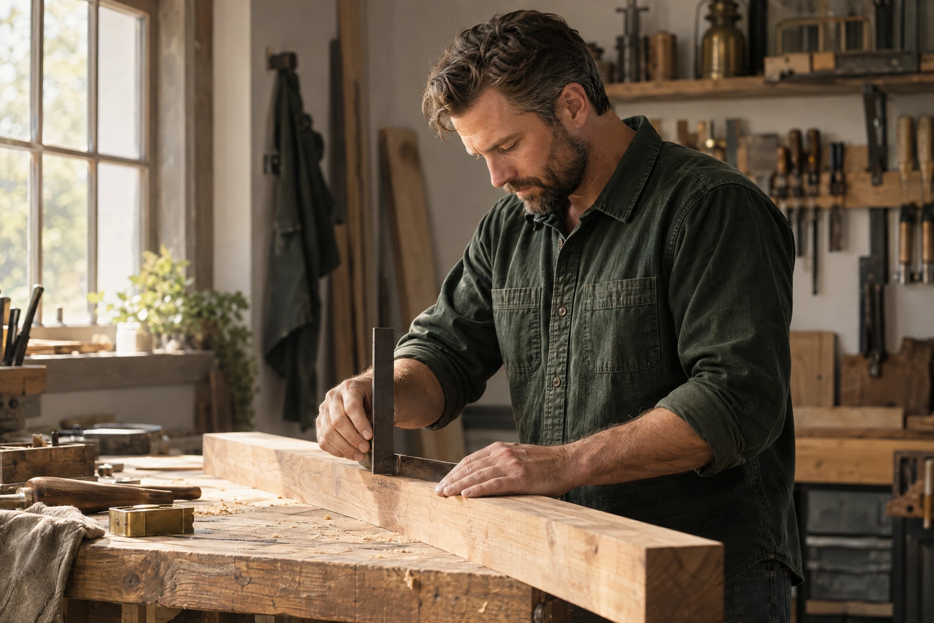 AI-generated scene of a carpenter checking a board with a square at a workbench.