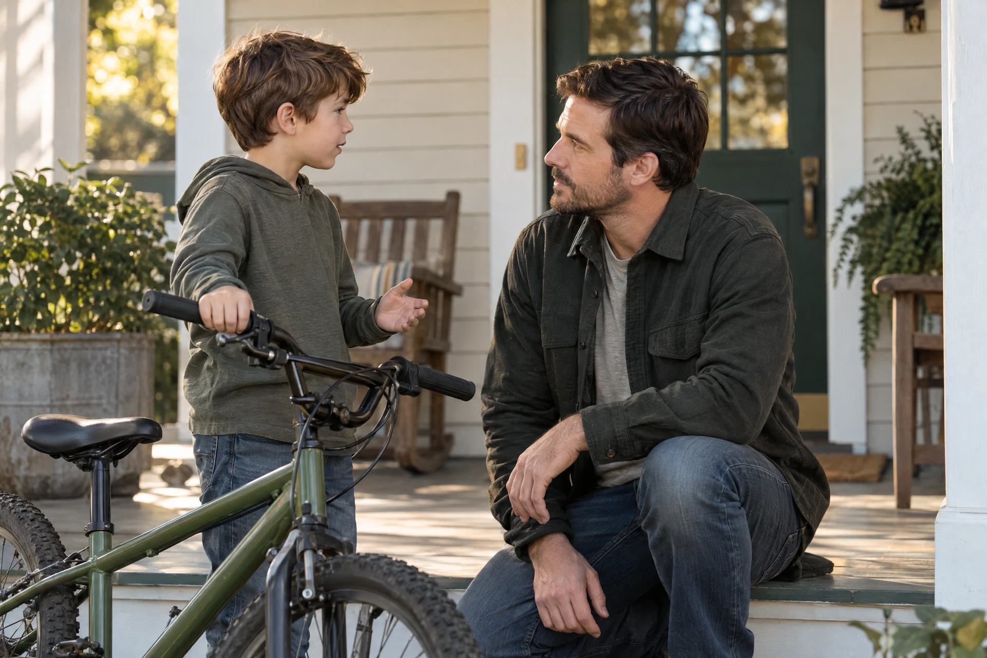 AI-generated scene of a father listening to his son beside a bicycle on a porch.