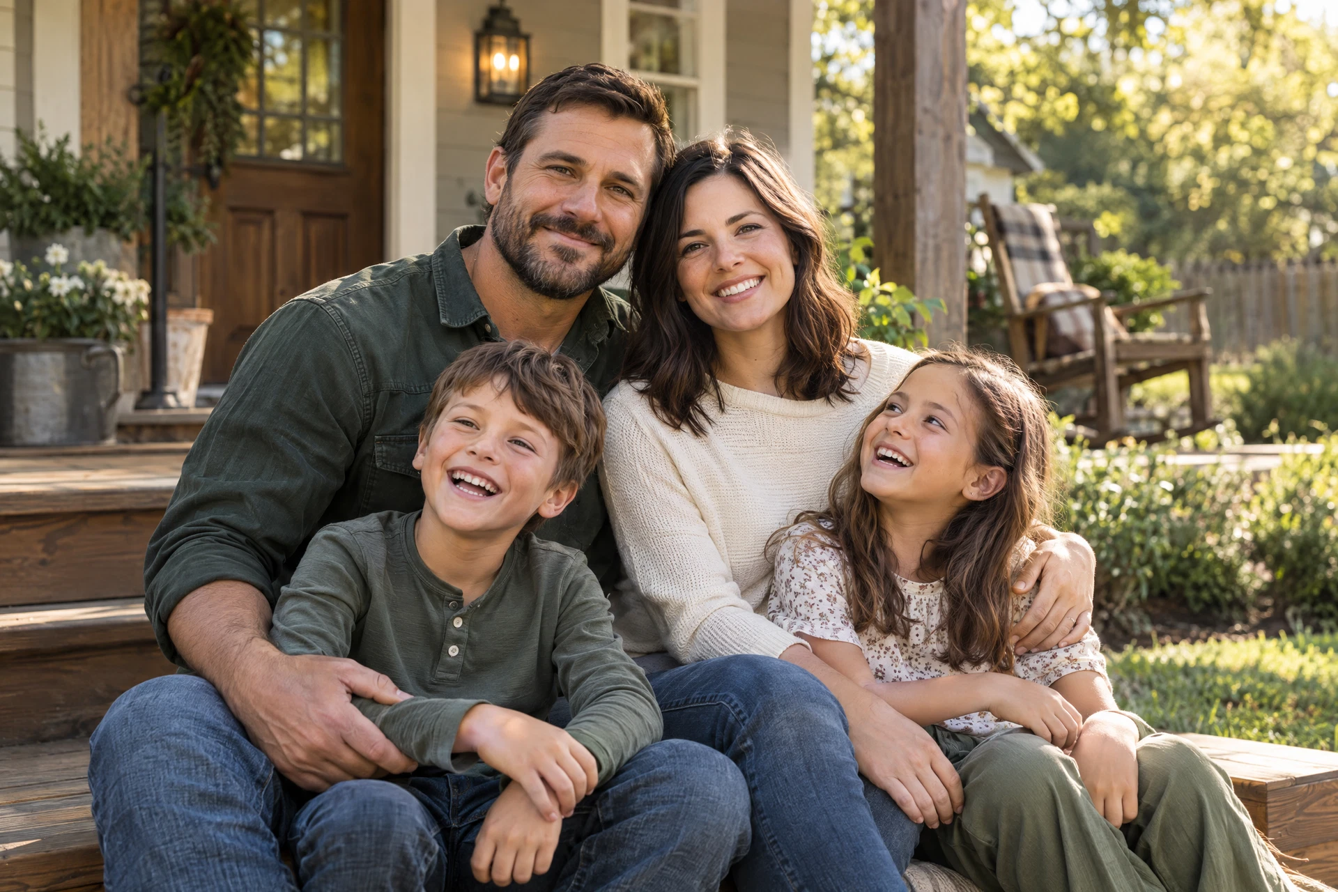 Illustrative family scene: a smiling father with his wife and two children outside their home.